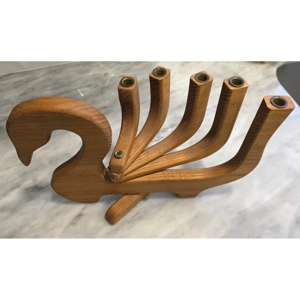 Vintage Mid-Century Modern Wooden Swan Folding Candelabra
